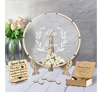 Personalized Custom Text Round Wedding Guest Book Alternative with 30-100pcs Wooden Hearts,Wood Wedding Guestbook Sign, Anniversary Wedding Sign in Book for Ceremony and Reception (Round)