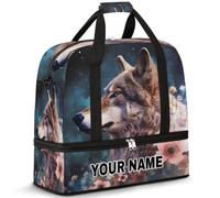 Personalized Custom Travel Duffel Bag for Women Men, Personalized Customized Sports Gym Bag with Shoe Compartment, Foldable Dance Bag Weekender Overnight Bags, Animal Wolf Pink Flowers, Animal Wolf