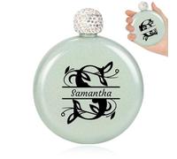 Personalized Customizable Name Stainless Steel Flask with Glitter Coated Cap, Suitable for Barbecue Travel (Green)