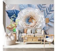 Personalized Customization Wall Mural Elegant Paper Flower Luxury Blue Gold Leaves Floral Art SelfAdhesive Wall Fabric Removable for Home Office Decor