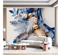 Personalized Customization Wall Mural Festive Wreath Blue Gold Leaf Ornaments Floral Paper Craft Exotic Tropical Jungle Style SelfAdhesive Wall Fabric Removable for Home Office Decor