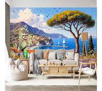Personalized Customization Wall Mural Mediterranean Coastal Town Sunny Day Sailing Boats Vibrant Flowers SelfAdhesive Wall Fabric Removable for Home Office Decor