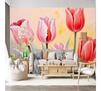 Personalized Customization Wall Mural SelfAdhesive Removable Fabric Pink Red Tulips Floral Botanical Painting Garden Spring Blossom Nature Large Wall Sticker Decor for Living Room