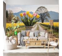 Personalized Customization Wall Mural Tulip Field Country Road Spring Bloom Vase Floral Scenic Nature SelfAdhesive Wall Fabric Removable for Home Office Decor