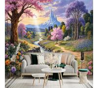 Personalized Customization Wall Sticker Mural，Fantasy Castle Waterfall Blossom Path，Removable SelfAdhesive Wall Fabric Large Photo Wallpaper for Living Room Bedroom