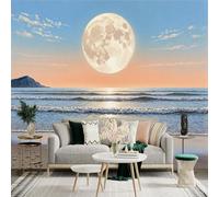 Personalized Customization Wall Sticker Mural，Moonlight Beach Ocean Waves Seascape Sunset Horizon，Removable SelfAdhesive Wall Fabric Large Photo Wallpaper for Living Room Bedroom