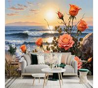 Personalized Customization Wall Sticker Mural，Ocean Sunset Rose Beach Waves，Removable SelfAdhesive Wall Fabric Large Photo Wallpaper for Living Room Bedroom
