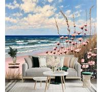 Personalized Customization Wall Sticker Mural，Pink Flowers Beach Seascape Ocean Wave Sky，Removable SelfAdhesive Wall Fabric Large Photo Wallpaper for Living Room Bedroom