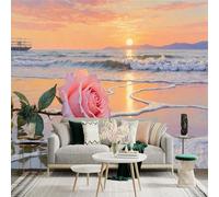 Personalized Customization Wall Sticker Mural，Pink Rose Beach Sunset Sailboat Ocean Waves，Removable SelfAdhesive Wall Fabric Large Photo Wallpaper for Living Room Bedroom