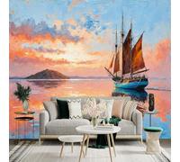 Personalized Customization Wall Sticker Mural，Sailboat Sunset Ocean Seascape Artwork，Removable SelfAdhesive Wall Fabric Large Photo Wallpaper for Living Room Bedroom