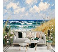 Personalized Customization Wall Sticker Mural，Seascape Beach Ocean Waves Dune Flowers，Removable SelfAdhesive Wall Fabric Large Photo Wallpaper for Living Room Bedroom