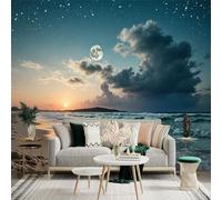Personalized Customization Wall Sticker Mural，Sunset Beach Ocean Waves Moonlit Sky Stars，Removable SelfAdhesive Wall Fabric Large Photo Wallpaper for Living Room Bedroom