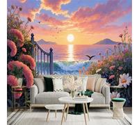 Personalized Customization Wall Sticker Mural，Sunset Ocean Beach Flower Garden Gate Birds，Removable SelfAdhesive Wall Fabric Large Photo Wallpaper for Living Room Bedroom