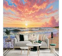 Personalized Customization Wall Sticker Mural，Sunset Ocean Beach Waves Pink Clouds Sky，Removable SelfAdhesive Wall Fabric Large Photo Wallpaper for Living Room Bedroom