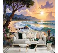 Personalized Customization Wall Sticker Mural，Tropical Beach Sunset Ocean Waves Coastal Landscape，Removable SelfAdhesive Wall Fabric Large Photo Wallpaper for Living Room Bedroom