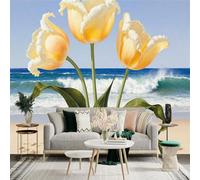 Personalized Customization Wall Sticker Mural，Yellow Tulips Beach Ocean Wave，Removable SelfAdhesive Wall Fabric Large Photo Wallpaper for Living Room Bedroom