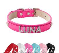 Personalized Customized PU Leather Glitter Rhinestone Bling Dog Collar with Name for Dogs & Puppies, S, M, L, XL