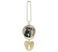 Personalized Cute Black Pug Dog Car Rearview Mirror Ornament Double Side Custom Photo Picture Car Hanging Pendant Accessories Alloy Angel Wings Vehicle Decoration Golden