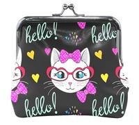Personalized Cute Cat Faces Black Cute Coin Purse Pouch Leather Kiss Lock Change Purse for Coins, Cute Cat Faces Black, Classic