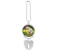 Personalized Cute Chicken Walking Car Rearview Mirror Ornament Double Side Custom Photo Picture Car Hanging Pendant Accessories Alloy Angel Wings Vehicle Decoration Silver