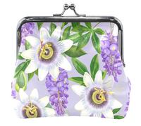 Personalized Cute Coin Purse Pouch Leather White Passion Flowers Purple Kiss Lock Change Purse for Coins, White Passion Flowers Purple, Classic
