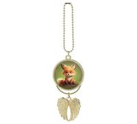 Personalized Cute Little Fox Car Rearview Mirror Ornament Double Side Custom Photo Picture Car Hanging Pendant Accessories Alloy Angel Wings Vehicle Decoration Golden