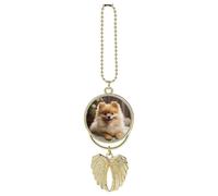 Personalized Cute Pomeranian Dog Car Rearview Mirror Ornament Double Side Custom Photo Picture Car Hanging Pendant Accessories Alloy Angel Wings Vehicle Decoration Golden