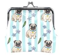 Personalized Cute Pugs Green White Stripes Coin Purse for Women Leather Cute Kiss Lock Small Pouch Coin Wallet, Cute Pugs Green White Stripes, Classic