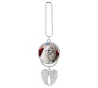 Personalized Cute White Cat Car Rearview Mirror Ornament Double Side Custom Photo Picture Car Hanging Pendant Accessories Alloy Angel Wings Vehicle Decoration Silver