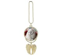 Personalized Cute White Cat Car Rearview Mirror Ornament Double Side Custom Photo Picture Car Hanging Pendant Accessories Alloy Angel Wings Vehicle Decoration Golden