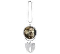 Personalized Cute Wolf Car Rearview Mirror Ornament Double Side Custom Photo Picture Car Hanging Pendant Accessories Alloy Angel Wings Vehicle Decoration Silver