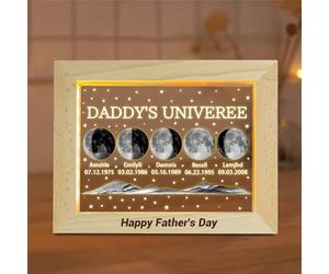 Personalized Daddy's Universe Moon Phase Picture Frame LED Light, Custom Daddy's Sky Photo Frame with Kid's Name Birthdate, Birth Luna Picture Moon Phases Lamp Gifts for Dad Papa On Fathers Day