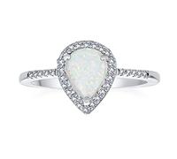 Personalized Dainty Gemstone Pear Shape Teardrop Micro Pave CZ Halo 2-Created White Opal Ring For Women .925 Sterling Silver October Birthstone