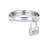 Personalized Dangle Charm Pad Lock Ring For Women Girlfriend .925 Sterling Silver Polished 1MM Band Custom Engraved