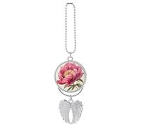 Personalized Dark Peach Peony Flower Car Rearview Mirror Ornament Double Side Custom Photo Picture Car Hanging Pendant Accessories Alloy Angel Wings Vehicle Decoration Silver