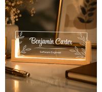 Personalized Desk Name Plate Light Up - Custom Acrylic Office Nameplate With Wood LED Base, Engraved Name And Title Desktop Sign, Gift For Boss, Teacher, Coworker