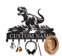 Personalized Dinosaur Metal Coat Rack, Custom Kids' Wall Organizer, Dino-Themed Key & Backpack Hooks, Nursery Decor, Jurassic Room Gift (Style-3)