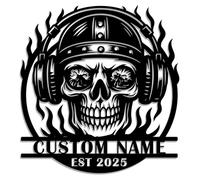 Personalized DJ Skull Metal Sign - Custom Name Skeleton with Headphones and Flames - Gothic Music Wall Art for Garage, Studio, Man Cave (Style-4)