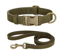 Personalized Dog Collar And Leash Set PU Leather Dog Collar With Leash Custom Engraved ID(DGreen,XS)