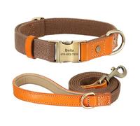 Personalized Dog Collar Genuine Leather Nylon Dog Collar And Leash Set Durable Adjustable ID Collar(Brown set,L)