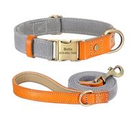 Personalized Dog Collar Genuine Leather Nylon Dog Collar And Leash Set Durable Adjustable ID Collar(Gray set,S)