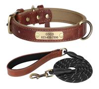 Personalized Dog Collar Leash Set Custom Engraved PU Leather ID Tag Dog Collar Soft Adjustable Dog Collar Outdoor Reflective Dog Collar Leash Set,Coffee,XL