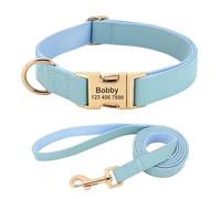 Personalized Dog Collar PU Leather Pet Collar And Leash Set Necklace Customized ID Name(Blue set,L)