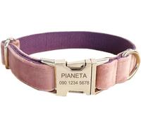 Personalized Dog Collar - Soft Comfy Velvet Custom Dog Collars with Pet Information Engraved on The Metal Plate, Dog Leash and Bow Tie Available (Pink)