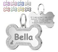 Personalized Dog Tags for Pets, Custom Deep Engraved Bone Shape Glitter Alloy Name ID Tags for Dogs Cats, 8 Color Options, Durable & Rust-Proof, Easy to Attach to Any Collar (Sliver)