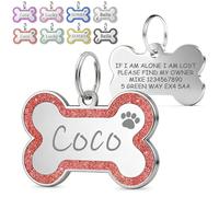 Personalized Dog Tags for Pets, Custom Deep Engraved Bone Shape Glitter Alloy Name ID Tags for Dogs Cats, 8 Color Options, Durable & Rust-Proof, Easy to Attach to Any Collar (Red)