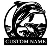 Personalized Dolphin Metal Sign - Custom Ocean Wall Art with Jumping Dolphins, Sun & Waves - Coastal Home, Beach House, or Outdoor Decor (Dolphin-2)