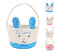 Personalized Easter Basket, Embroidered Easter Bunny Decoration, Easter Accessories with Name, Cotton Easter Gift Basket for Easter Egg Hunt for Boys and Girls (Blue)