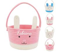 Personalized Easter Basket, Embroidered Easter Bunny Decoration, Easter Accessories with Name, Cotton Easter Gift Basket for Easter Egg Hunt for Boys and Girls (White Ear)
