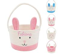 Personalized Easter Basket, Embroidered Easter Bunny Decoration, Easter Accessories with Name, Cotton Easter Gift Basket for Easter Egg Hunt for Boys and Girls (Pink Ear)